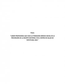 LABOR PROFESIONAL QUE HACE LA TRABAJORA MÉDICO SOCIAL EN LA PREVENCIÓN DE LA MUERTE MATERNA: EN EL CENTRO DE SALUD DE TEPETITLÁN, HGO.. Página 1