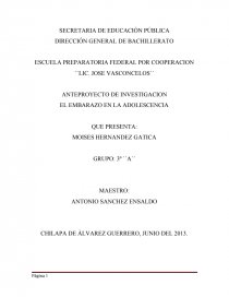 ANTEPROYECTO DE INVESTIGACION EL EMBARAZO EN LA ADOLESCENCIA. Página 1