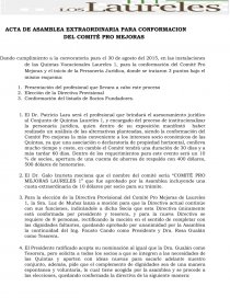 CTA DE ASAMBLEA EXTRAORDINARIA PARA CONFORMACION DEL COMITÉ PRO MEJORAS. Página 1