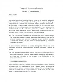Programa de Ceremonia de Graduación Escuela : “_Emiliano Zapata_”. Página 1