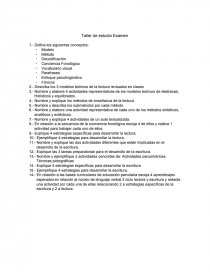 Lectura y escritura. Taller de estudio Examen 1.- Defina los siguientes conceptos:. Página 1