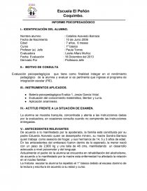 INFORME PSICOPEDAGÓGICO que tiene como finalidad indagar en el rendimiento pedagógico de la alumna y evaluar si es pertinente que ingrese al programa de integración escolar (PIE).. Página 1