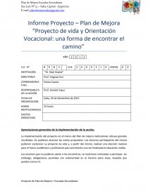 Informe Proyecto – Plan de Mejora “Proyecto de vida y Orientación Vocacional: una forma de encontrar el camino”. Página 1