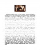 En la pintura podemos apreciar a un joven arrodillado. Podemos interpretar por la forma de su cara y su forma de observar que algo le sucede. Tiene en una de su rodilla varias cicatrices y el color de la piel diferente al resto de su cuerpo.