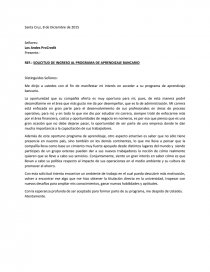 REF.: SOLICITUD DE INGRESO AL PROGRAMA DE APRENDIZAJE BANCARIO. Página 1