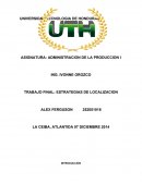 El proceso de Localización del lugar adecuado para instalar una planta industrial, tienda, bodega etc. requiere el análisis de diversos factores, y desde los puntos de vista económico, social, tecnológico y del mercado entre otros.