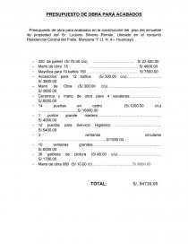 PRESUPUESTO DE OBRA PARA ACABADOS. Página 1