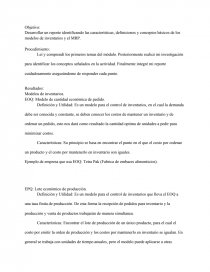 Desarrollar un reporte identificando las características, definiciones y conceptos básicos de los modelos de inventarios y el MRP.. Página 1