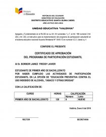CERTIFICADO DE APROBACIÓN DEL PROGRAMA DE PARTICIPACIÓN ESTUDIANTIL. Página 1