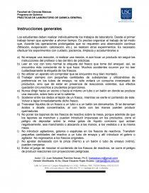 No ensayar una reacción, ni realizar una mezcla, ni aún tocar un producto sin seguir las instrucciones del profesor o las del libro de prácticas.. Página 1