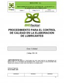 PROCEDIMIENTO PARA EL CONTROL DE CALIDAD EN LA ELABORACION DE LUBRICANTES
