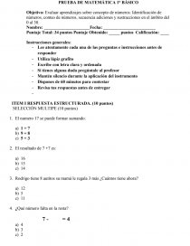 PRUEBA DE MATEMÁTICA 1° BÁSICO. Página 1