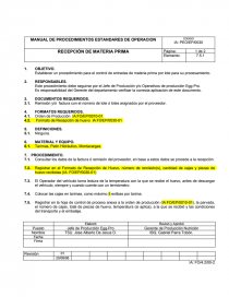 Establecer un procedimiento para el control de entradas de materia prima por lote para su procesamiento... Página 1