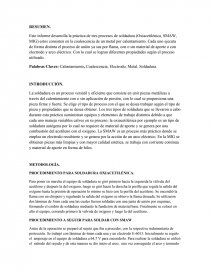 Este informe desarrolla la práctica de tres procesos de soldadura. Página 1