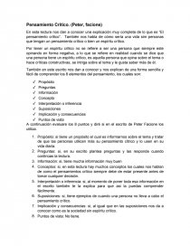 En esta lectura nos dan a conocer una explicación muy completa de lo que es “El pensamiento crítico”. También nos habla de cómo sería una vida sim personas que tengan un pensamiento crítico o bien un espíritu crítico.. Página 1