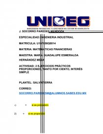 EJERCICIOS PRÁCTICOS PROPORCIONES, TANTO POR CIENTO, INTERÉS SIMPLE. Página 1