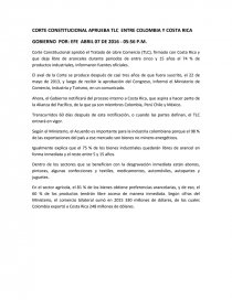 CORTE CONSTITUCIONAL APRUEBA TLC ENTRE COLOMBIA Y COSTA RICA. Página 1