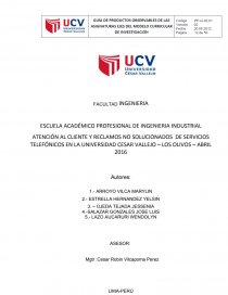ATENCIÓN AL CLIENTE Y RECLAMOS NO SOLUCIONADOS DE SERVICIOS TELEFÓNICOS EN LA UNIVERSIDAD CESAR VALLEJO – LOS OLIVOS – ABRIL 2016. Página 1