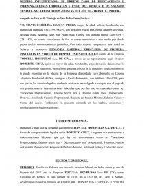 DEMANDA LABORAL ORDINARIA DE PRIMERA INSTANCIA EN VIRTUD DE DESPIDO  INJUSTIFICADO - Trabajos - ganzuda