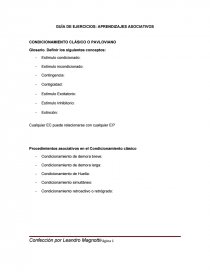 GUÍA DE EJERCICIOS: APRENDIZAJES ASOCIATIVOS CONDICIONAMIENTO CLÁSICO O PAVLOVIANO. Página 1