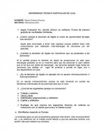 Microeconomía. Apple Computer Inc. decide ofrecer su software iTunes de manera gratuita en cantidades ilimitadas.. Página 1