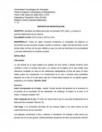 OBJETIVO: Identificar las diferencias entre los formatos APA y MLA, y conocer la correcta elaboración de los mismos... Página 1