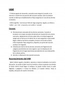 El infarto agudo de miocardio, conocido como ataque al corazón, es la necrosis o muerte de una porción del musculo cardiaco. Que se produce cuando se obstruye completamente el flujo sanguíneo en una de las arterias coronarias.