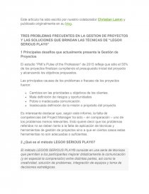TRES PROBLEMAS FRECUENTES EN LA GESTION DE PROYECTOS Y LAS SOLUCIONES QUE BRINDAN LAS TÉCNICAS DE “LEGO® SERIOUS PLAY®”. Página 1