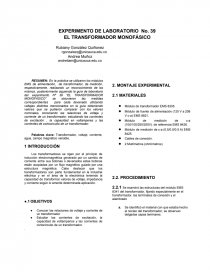 EXPERIMENTO DE LABORATORIO No. 39 EL TRANSFORMADOR MONOFÁSICO. Página 1