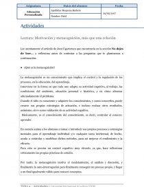 Lectura: Motivación y metacognición, más que una relación. Página 1