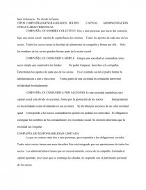 TIPOS COMPAÑIAS	GENERALIDADES	SOCIOS	CAPITAL	ADMINISTRACION	OTRAS CARACTERISTICAS. Página 1