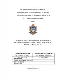 INFORME DE PRACTICAS PROFESIONAL REALIZADA EN LA INSTITUCIÓN BARRIO NUEVO BARRIO TRICOLOR, VALLE DE LA PASCUA, ESTADO GUÁRICO. Página 1