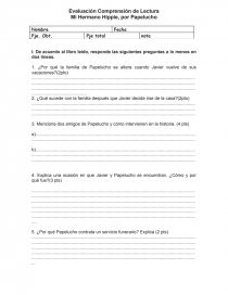Evaluación Comprensión de Lectura Mi Hermano Hippie, por Papelucho. Página 1
