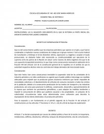 INSTRUCCIONES: LEE EL SIGUIENTE DOCUMENTO EN EL QUE SE RETOMA LA PARTE INICIAL DEL DRCRETO EMITIDO POR LAZARO CARDENAS. Página 1