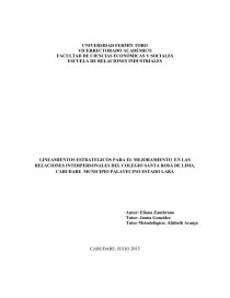 LINEAMIENTOS ESTRATEGICOS PARA EL MEJORAMIENTO EN LAS RELACIONES INTERPERSONALES DEL COLEGIO SANTA ROSA DE LIMA, CABUDARE MUNICIPIO PALAVECINO ESTADO LARA. Página 1
