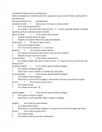Elabora una tabla con la clasificación de las opciones de mayor uso de Word y explicación de procedimientos. Página 1