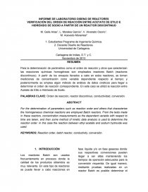 Informe Primer Laboratorio Diseño de Reactores VERIFICACIÓN DEL ORDEN DE REACCIÓN ENTRE ACETATO DE ETILO E HIDRÓXIDO DE SODIO A PARTIR DE UN REACTOR DISCONTINUO. Página 1