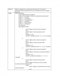 Algoritmos, Diseñe un programa con un según para seleccionar con un menú las 6 operaciones básicas matemáticas. Página 1