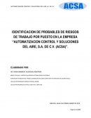 IDENTIFICACION DE PROBABLES DE RIESGOS DE TRABAJO POR PUESTO EN LA EMPRESA “AUTOMATIZACION CONTROL Y SOLUCIONES DEL AIRE, S.A. DE C.V. (ACSA)”.