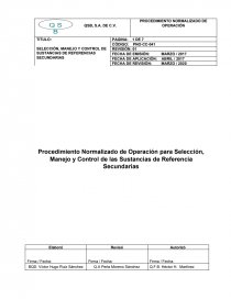Procedimiento Normalizado de Operación para Selección, Manejo y Control de las Sustancias de Referencia Secundarias. Página 1