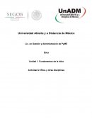 Unidad 1. Fundamentos de la ética Actividad 2. Ética y otras disciplinas