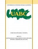 DISTINGUIR LAS CARACTERÍSTICAS DEL RESUMEN, SÍNTESIS Y REPORTE DE LECTURA