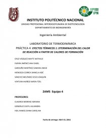 LABORATORIO DE TERMODINÁMICA PRÁCTICA 4: EFECTOS TÉRMICOS 1: DTERMINACIÓN DEL CALOR DE REACCIÓN A PARTIR DE CALORES DE FORMACIÓN. Página 1