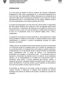 “Proyecto “Participación protagónica de niños, niñas y adolescentes en la comunidad: Experiencia en la zona Unión San José. Página 1