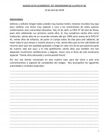 GLOSAS ACTO ACADÉMICO -20° ANIVERSARIO DE LA EPES N° 60. Página 1