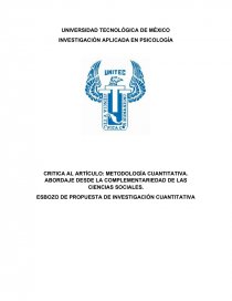 CRITICA AL ARTÍCULO: METODOLOGÍA CUANTITATIVA. ABORDAJE DESDE LA COMPLEMENTARIEDAD DE LAS CIENCIAS SOCIALES. Página 1