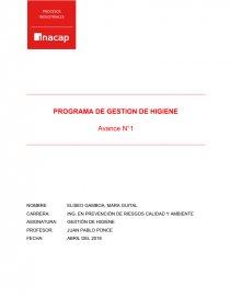 PROGRAMA DE GESTION DE HIGIENE Avance N°1. Página 1