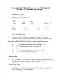PRUEBA DE MATEMÁTICAS PARA LOS ESTUDIANTES DE DECIMO AÑO DE EDUCACIÓN BÁSICA. Página 1