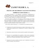 POLITICA DE SEGURIDAD Y SALUD OCUPACIONAL EMPRESAS ZAMUVIGOR S. A