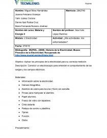 Reporte laboratorio modulo 2 Construir un electroscopio para entender el comportamiento de las cargas y los campos eléctricos. Página 1